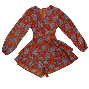 Boho Chic Long Sleeve Boutique Romper Orange & Blue Floral Print, Large